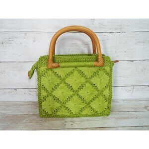 Fossil Green Raffia Straw Bamboo Handle Satchel Bag